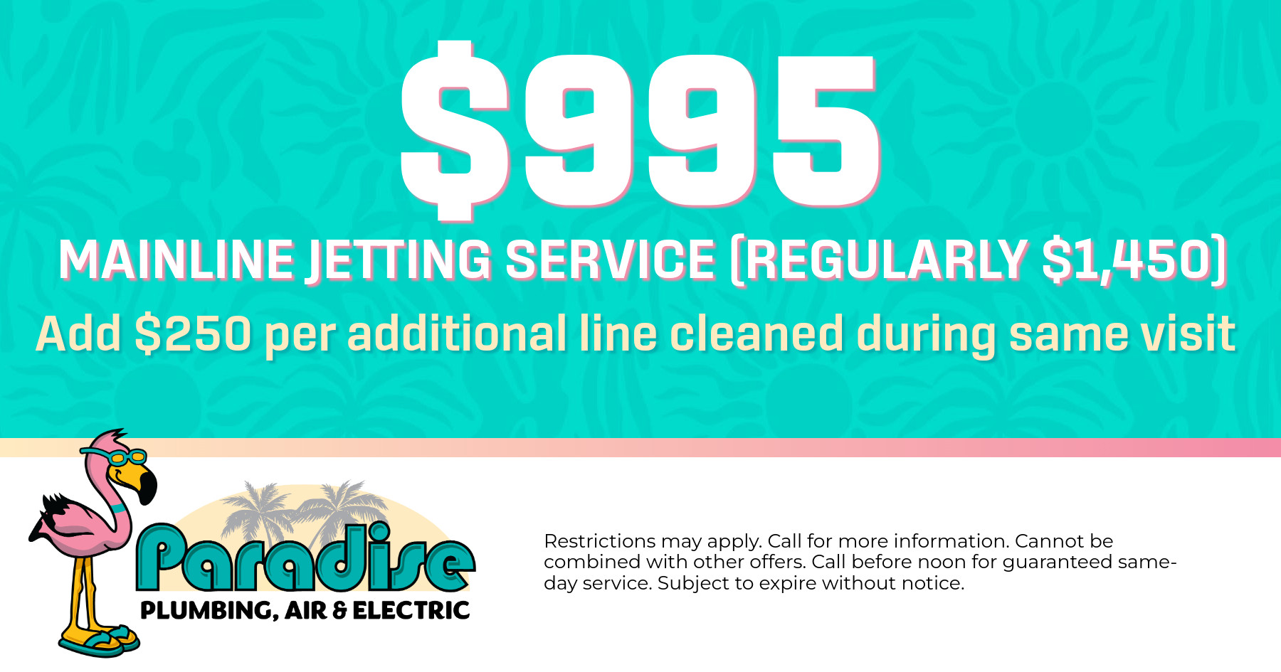 $995 Mainline jetting service (regularly $1,450) And $250 per additional line cleaned during same visit. Restrictions may apply. Call for more information. Cannot be combined with other offers. Call before noon for guaranteed same-day service. Subject to expire without notice.