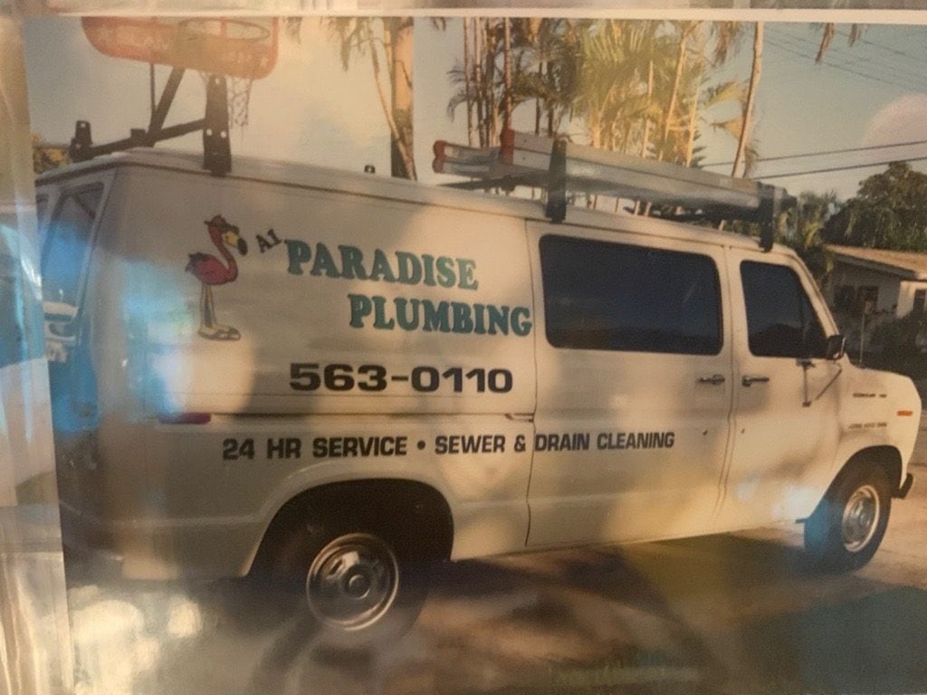 Early A-1 Paradise Plumbing van lettered 563-0110, 24 hr service, sewer and drain cleaning