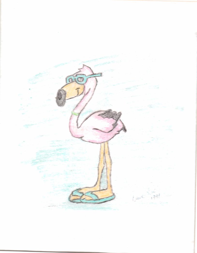 Original colored pencil flamingo drawing signed 1991